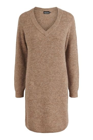 PIECES Brown Long Sleeve V Neck Knitted Jumper Dress