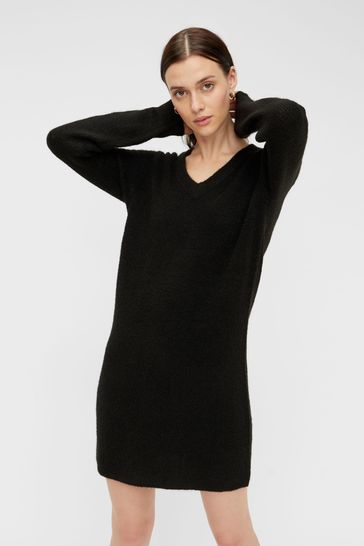 PIECES Black Long Sleeve V Neck Knitted Jumper Dress