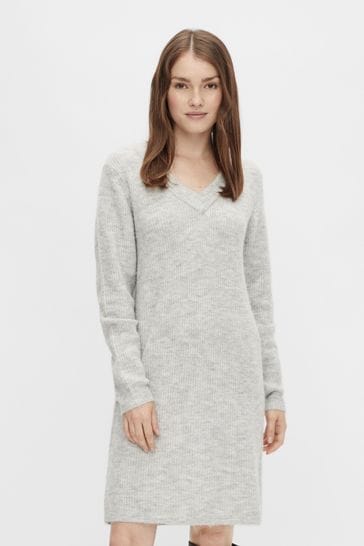 PIECES Grey Long Sleeve V Neck Knitted Jumper Dress