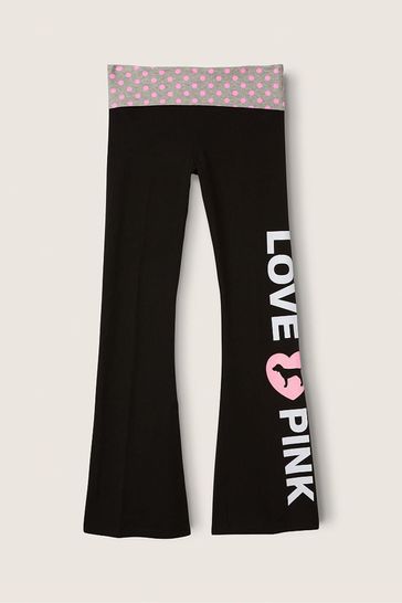 PINK Victorias Secret Black Gray Graphic Logo Foldover Yoga Leggings Medium
