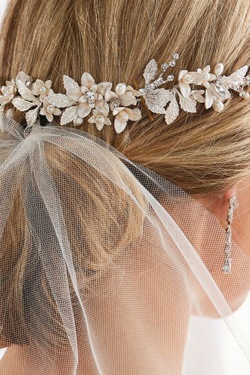 jon richard silver bridal textured leaf and pearl double hair comb