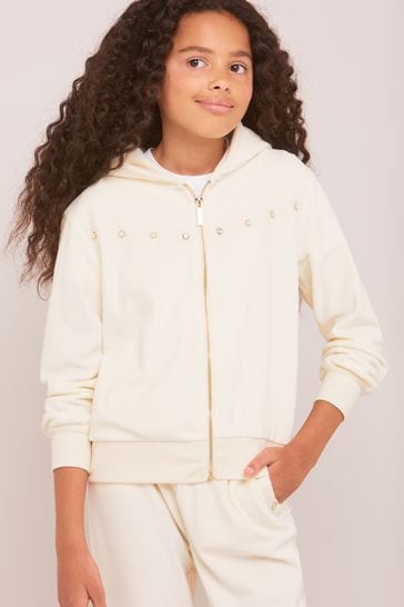 Lipsy Cream Embellished Velour Zip Up Hoodie