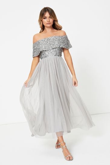 maya embellished bardot maxi dress