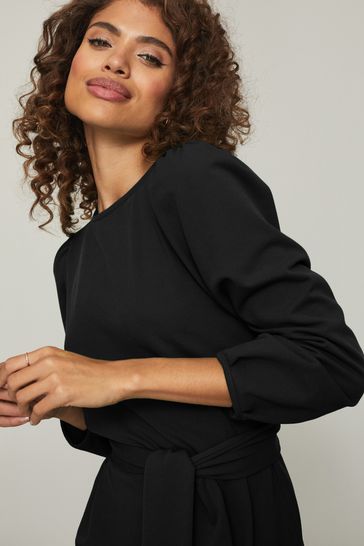 Buy Lipsy Black Long Sleeve Round Neck Tie Waist Shift Dress from