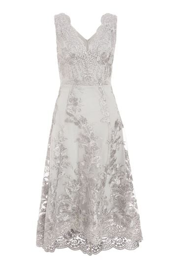 Grey embroidered bardot dip shop hem dress