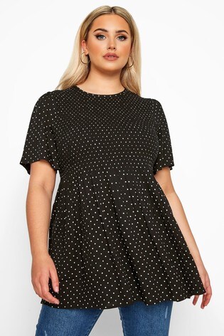 Yours Limited Black Collection Curve Polka Dot Shirred Smock Top