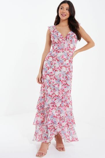 Quiz Pink Multi Chiffon Floral Tiered Hem Maxi Dress