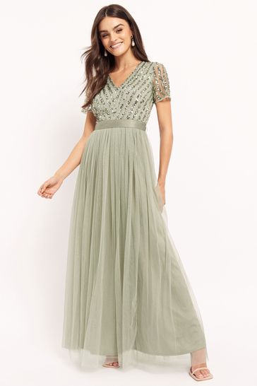 Maya Sage Green Chevron Sequin Maxi Dress