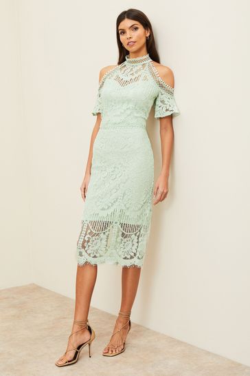 Lipsy Green Premium Lace Cold Shoulder Midi Dress