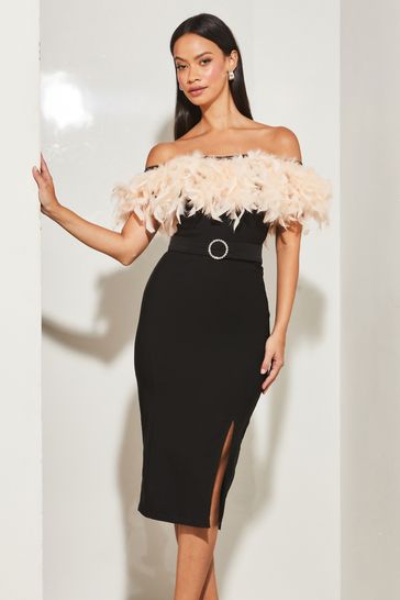 Lipsy Black and Nude Premium Feather Bardot Belted Split Midi Dress
