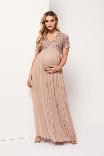 Maya Pink Maternity Delicate Sequin Cap Sleeve Maxi Dress