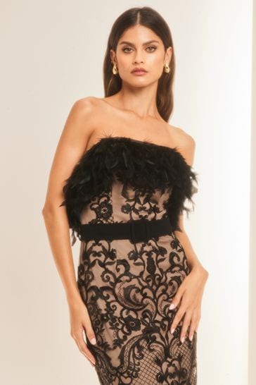 Buy Lipsy Black Premium Feather Lace Bandeau Belted Midi Dress