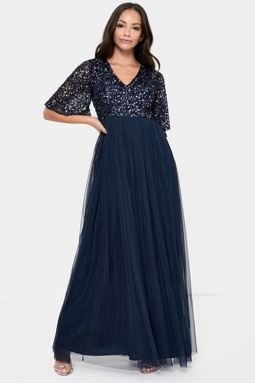 Maya Navy Blue V-Neck Delicate Sequin Maxi Dress