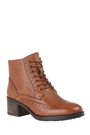 Ladies Leather Ankle Boots Brogue Detail Tan Brown 