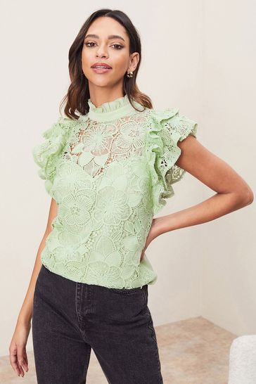 Lipsy Green VIP Lace Flutter Sleeve Top