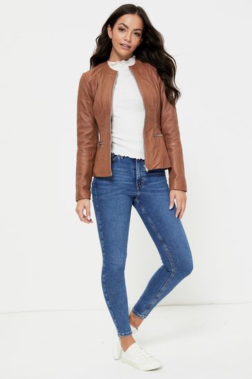 Tan collarless leather jacket sale