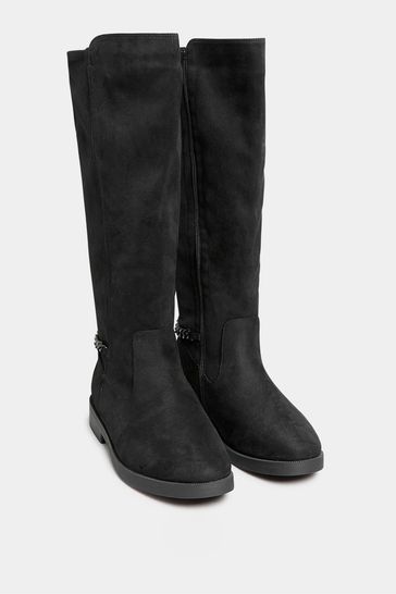 Yours Curve Black Extra Wide Fit Wide Fit Chain Stretch Knee Micro Boot