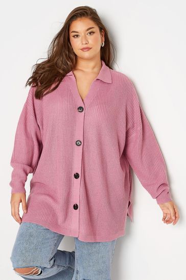 Yours Curve Pink Collared Button Through Cardigan