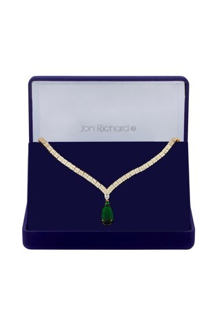 Jon Richard Gold Plated Cubic Zirconia Emerald Green Pear Drop Collar Necklace - Gift Boxed