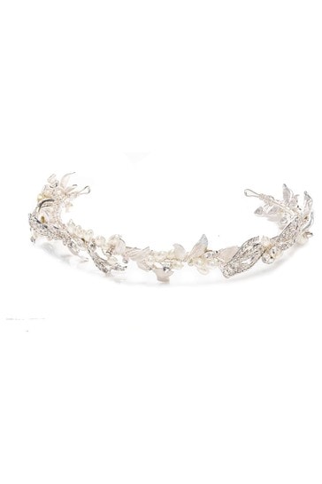Jon Richard Silver Delilah Silver Plated Pave Feather And Pearl Tiara - Gift Pouch
