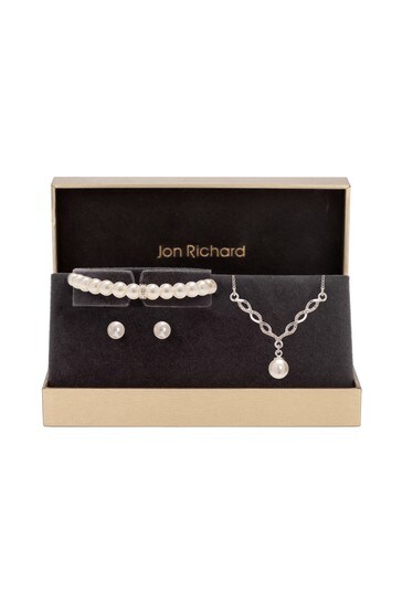 Jon Richard Silver Plated Twist Pearl Bracelet, Necklace and Earrings Trio Set