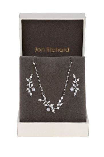 Jon Richard Silver Plated Pearl & Cubic Zirconia Crystal Vine Set - Gift Boxed