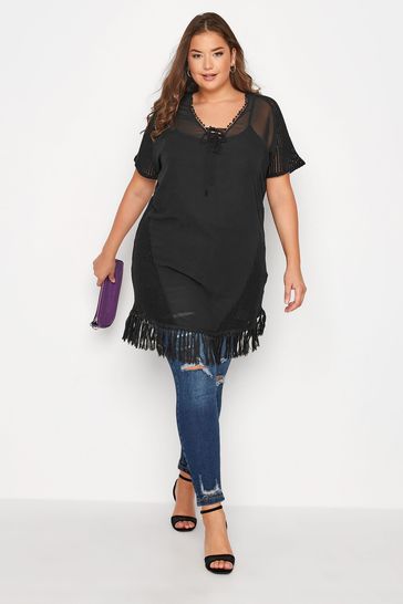 Yours Curve Black Fringe Detail Top
