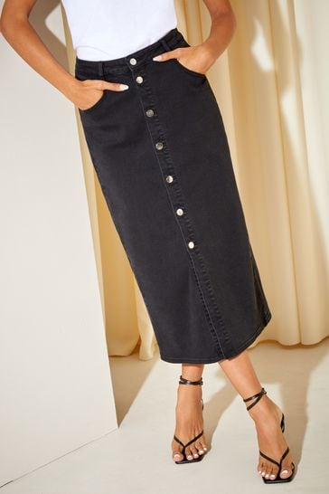 Friends Like These Black Denim Button Through Midi Skirt