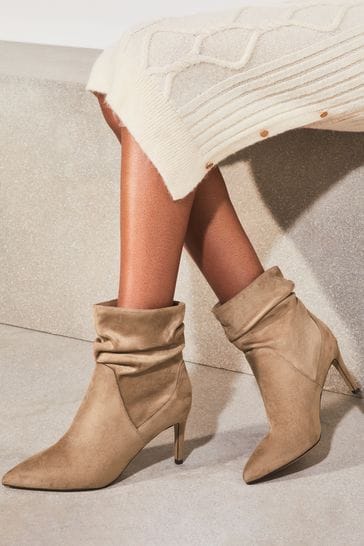 Lipsy Camel Wide FIt Ankle Suedette Ruched Mid Heeled Boot