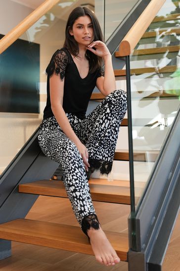 Lipsy Black Petite Lace Sleeve and Wide Leg Trouser Pyjama Set