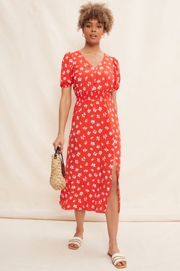 Buy Friends Like These Red Ditsy Puff Sleeve Ruched Waist V Neck