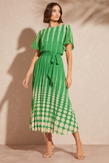 Love & Roses Green Spot Printed Tulip Sleeve Belted Pleated Midi Summer Dress