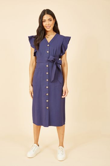 Yumi Blue Linen Blend Midi Shirt Dress