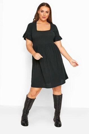 Yours Limited Black Collection Curve Ribbed Flare Sleeve Smock Dress