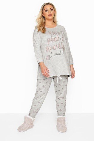 Yours Curve Grey Glitter Slogan Drawstring Pyjama Set