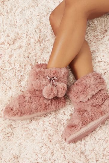 Lipsy Nude Pink Faux Fur Pom Bootie Slippers