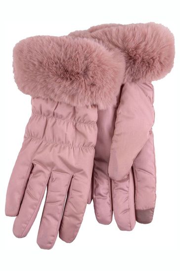 Totes Pink Water Repellent Padded Smartouch With Faux Fur Cuff