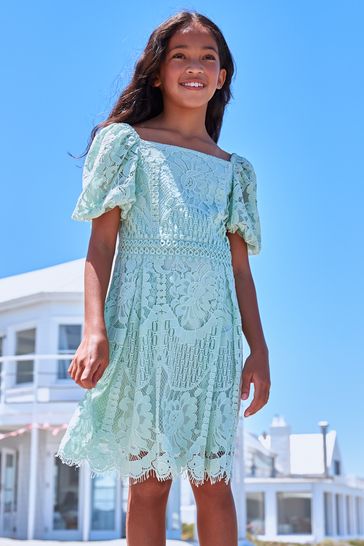 Lipsy Mint Green Lace Puff Sleeve Occasion Dress