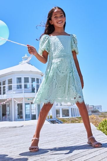 Lipsy Mint Green Lace Puff Sleeve Occasion Dress