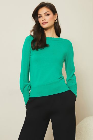 Lipsy Green Scallop Long Sleeve Knitted Jumper