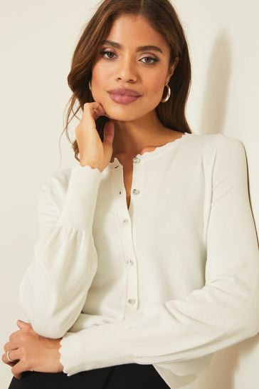 Lipsy White Petite Scallop Detail Tipped Crew Neck Button Up Cardigan
