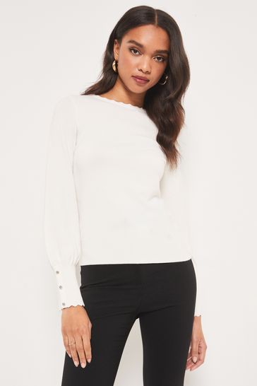 Lipsy Ivory Scallop Detail Long Sleeve Knitted Jumper