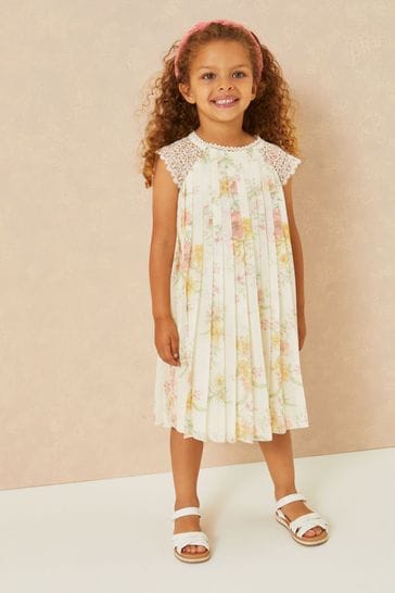 Lipsy Yellow Floral Mini Pleated Occasion Dress