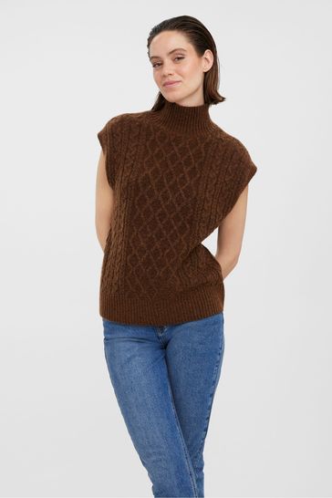 VERO MODA Brown Cable Knit High Neck Knitted Jumper Vest