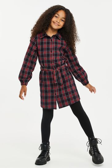 Threadgirls Red & Black Long Sleeve Shirt Dress With Self Tie Belt