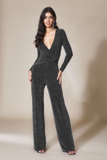 Lipsy Silver Petite Glitter Long Sleeve Twist Side Jumpsuit