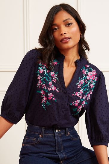 Love & Roses Navy Embroidery Frill Ruffle V Neck 3/4 Sleeve Button Up Blouse