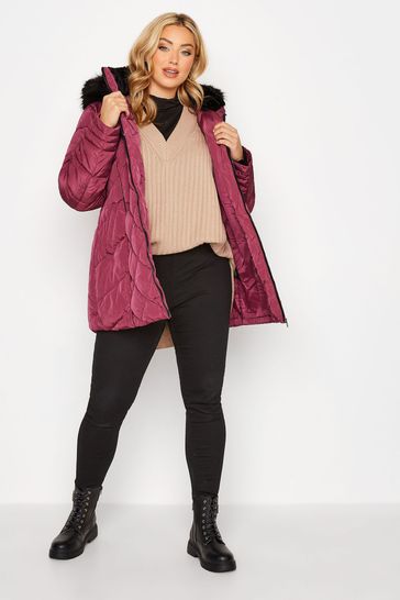 Yours Curve Pink PU Panelled Puffer Jacket