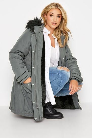 Yours Curve Silver Plush Fur Trim Parka
