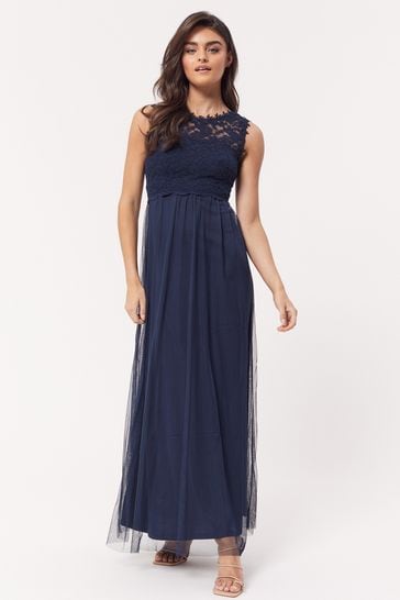 VILA Navy Sleeveless Lace And Tulle Maxi Dress